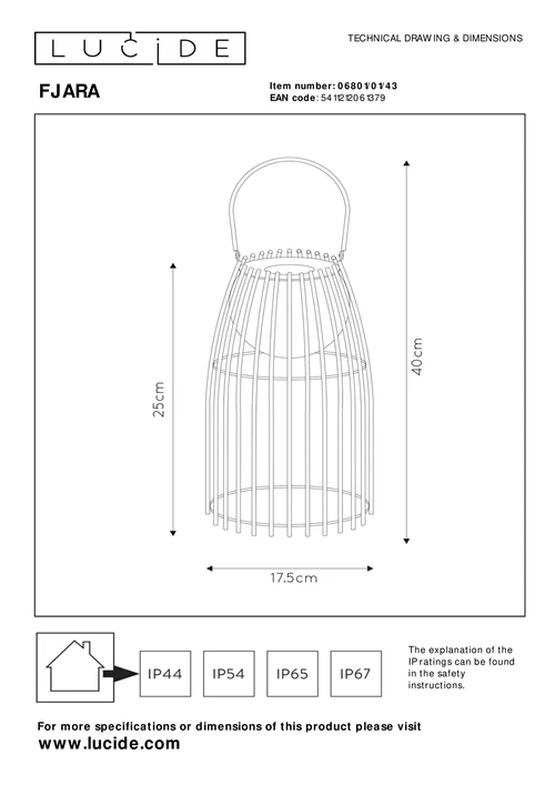 Lucide FJARA - Lámpara de mesa Recargable Dentro/Fuera - Batería/acumulador - Ø 17,5 cm - LED 3 StepDim - 1x0,3W 3000K - IP44 - Marrón - técnico